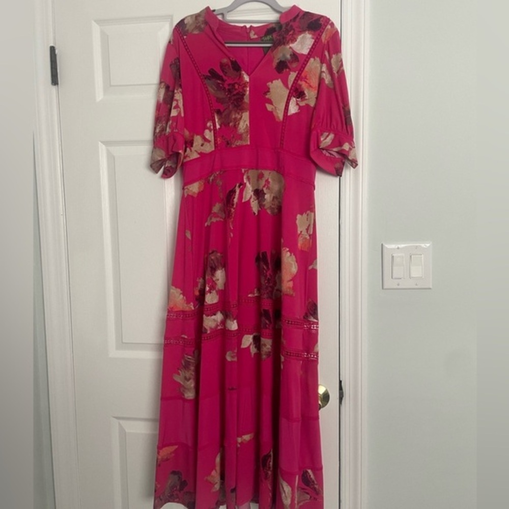 Pink tea length midi dress floral